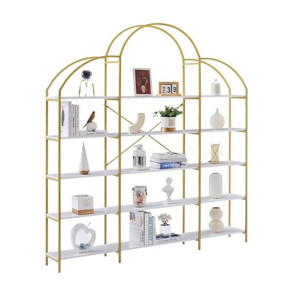 74.8 Inch 5 Tiers Office Bookcase Bookshelf, Display Shelf with Round Top, X Bar Gold Frame