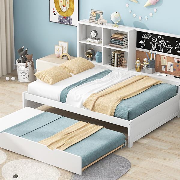 Full Size Daybed with Storage Shelves, Blackboard, Cork board, USB Ports and Twin Size Trundle, White