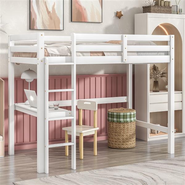 Twin Loft Pine Wood Bed with  built-in desk, Safety Guardrails, Ladder,White