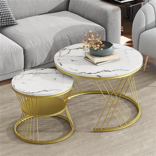 [VIDEO provided] Φ27.5'' & Φ17.7'' Nesting Coffee Table with Marble Grain Table Top, Golden Iron Frame Round Coffee Table, Set of 2, for Living Room, Balcony, White