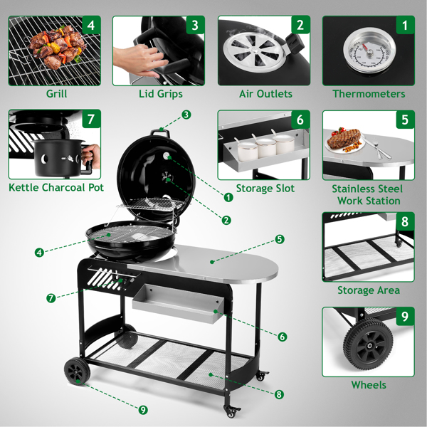 110*45*110cm Portable Charcoal Grill with Wheels and Sidetable, Large BBQ Smoker with Adjustable Vents on Lid for Outdoor Party Camping Picnic