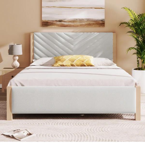 Modern Mid-Century Queen Upholstered Platform Bed Frame with Tufted Headboard and Solid Wood Legs,No Box Spring Needed,Beige