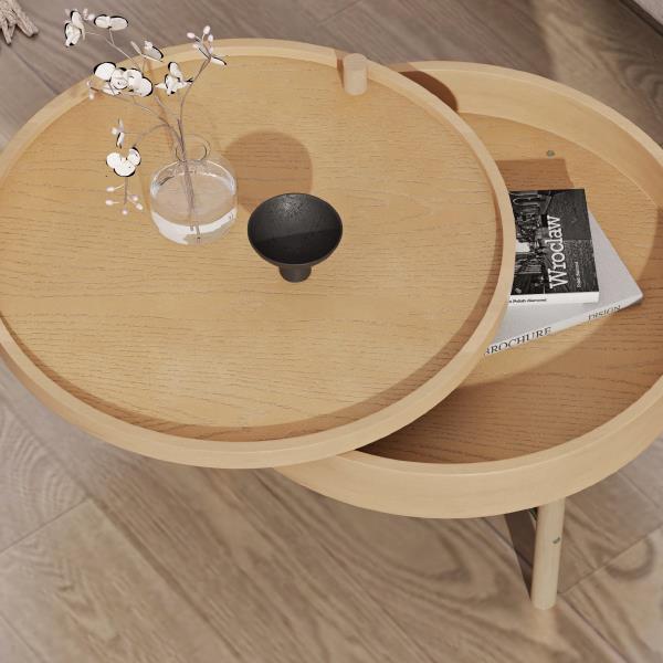 Modern Round Wood Rotating Tray Coffee Table with Storage & Metal Legs in Natural