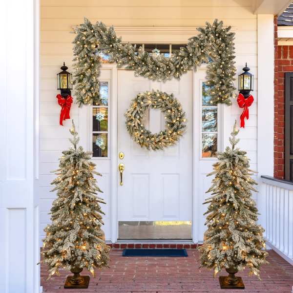 Pre-lit Christmas Artificial Tree 4-Piece Set, Garland, Wreath and Set of 2 Entrance Trees, X-mas with LED Lights, PVC Festival Celebration Set, Green 