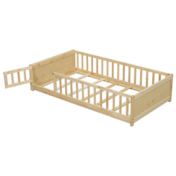 Twin size Floor Platform Bed with Built-in Book Storage Rack, Door,Natural