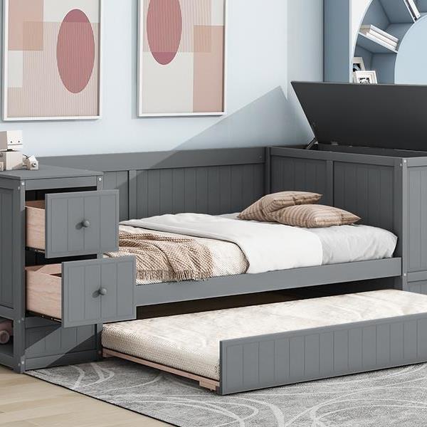 Twin Size Daybed with Storage Arms, Trundle and Charging Station, Gray