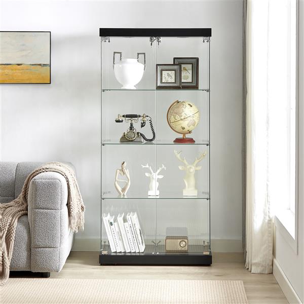 4-Tier Glass Display Cabinet, Double Door Glass Cabinet, Four Partitions, Two Locks, Floor Standing Storage Cabinet for Living Room, Bedroom, Showroom and Office, Black, 31.5"L x 14.2"W x 66.3"H