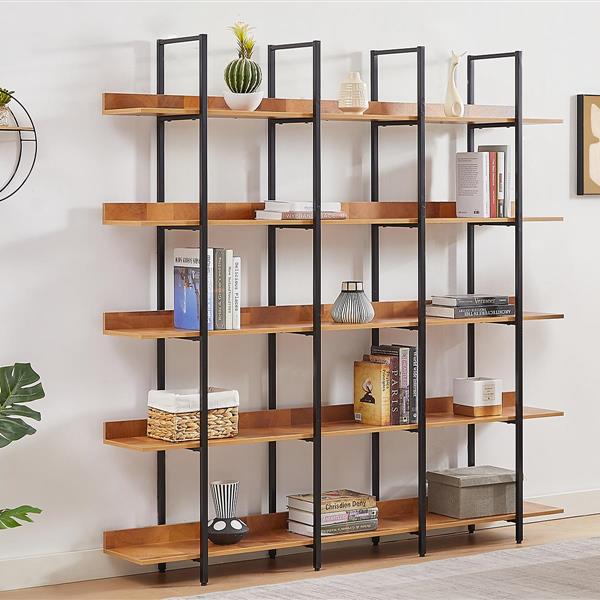 5 Tier Bookcase Home Office Open Bookshelf, Vintage Industrial Style Shelf, MDF Board, Black Metal Frame, Brown