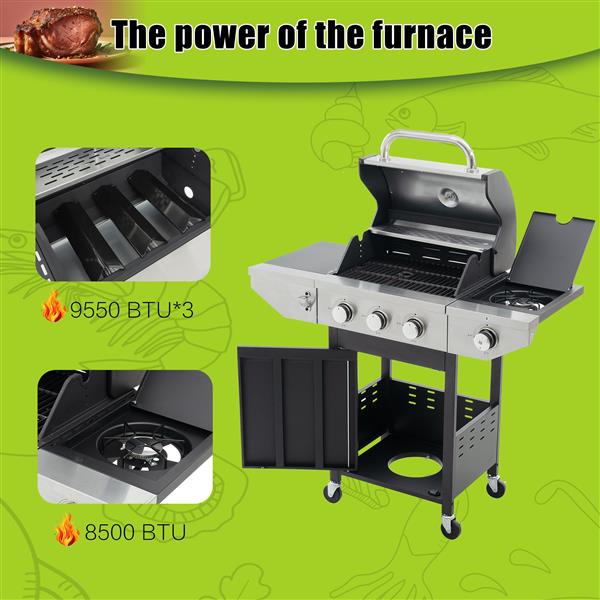 Propane Grill 3 Burner Barbecue Grill Stainless Steel Gas Grill with Side Burner and Thermometer for Outdoor BBQ, Camping