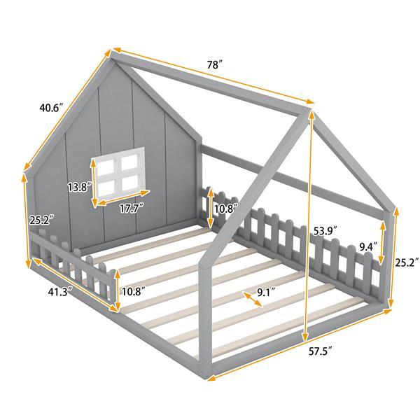 Full Size Wood House Bed with Window and Fence, Gray