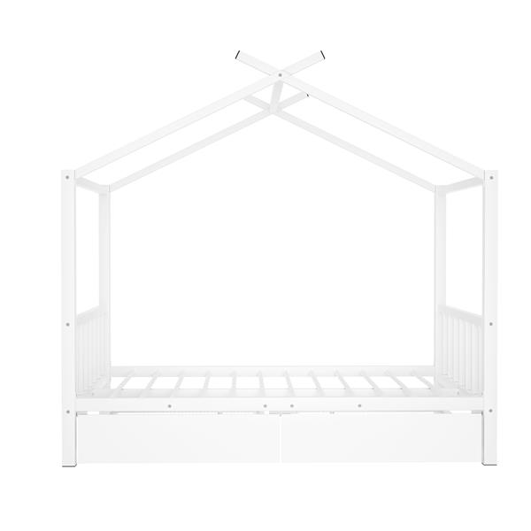 Full Size Metal House Platform Bed with Two Drawers,Headboard and Footboard,Roof Design,White