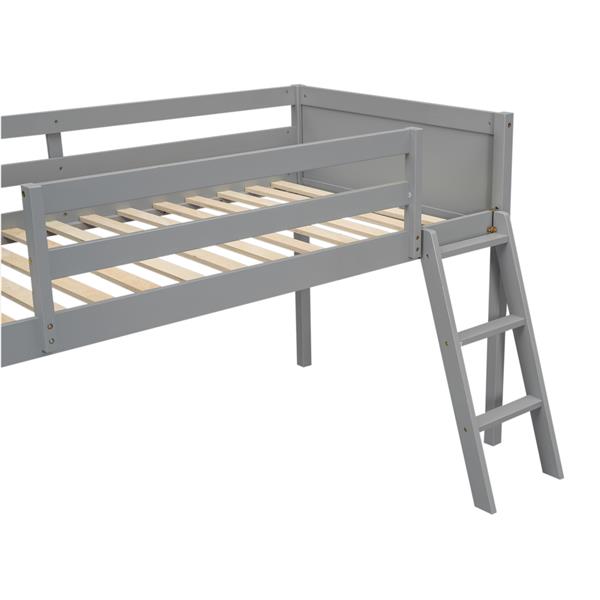 Twin Size Wood Low Loft Bed with Ladder, ladder can be placed on the left or right, Gray