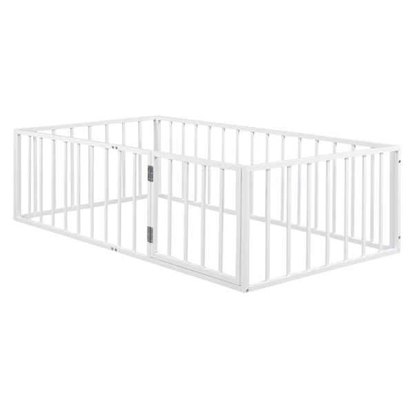 Twin Size Metal Floor Bed Frame with Fence and Door, White