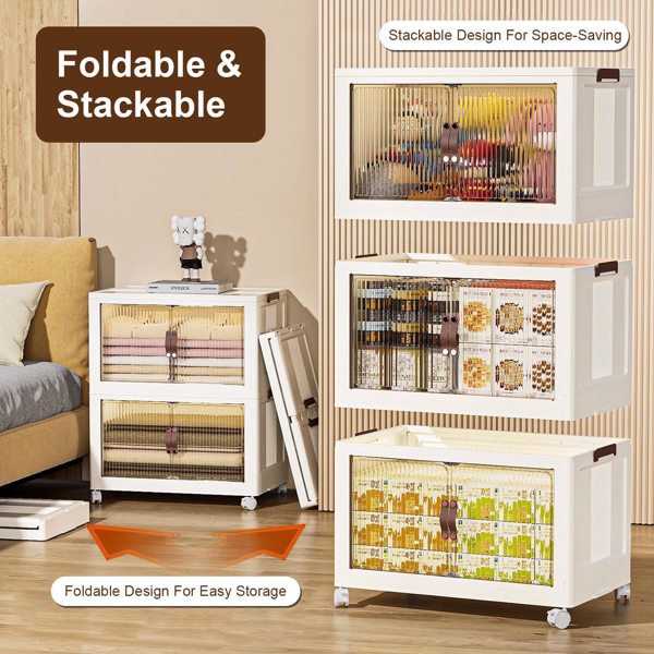 Foldable Storage Bins,3Pcs Foldable Storage Bins with with Lids 78QT Front Magnetic Door Collapsible Stackable Closet Organizer Containers with 4Pcs 360° Rotatable Wheels 8Pcs Small Wheels