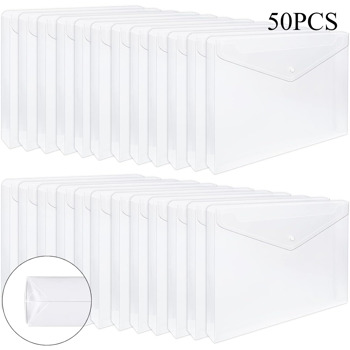 50pcs Clear Envelopes, Expandable Folders for Documents and Waterproof Folders with Snap Closure, A4 Size Letter Size, for School and Office Supplies