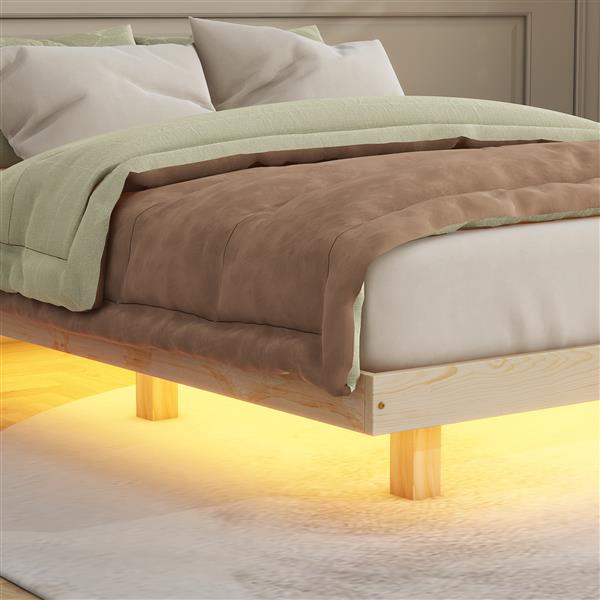 Full Size Floating Bed with LED Lights Underneath,Modern Full Size Low Profile Platform Bed with LED Lights,Natural