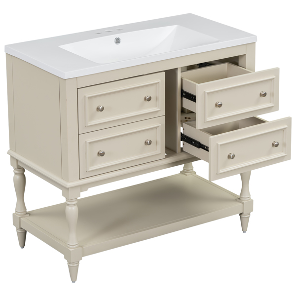 36" Bathroom Vanity Cabinet with Sink Combo Set, Undermount Resin Sink, Free Standing Vanity Set with 4 Drawers, Solid Wood Frame Bathroom Cabinet, Beige 