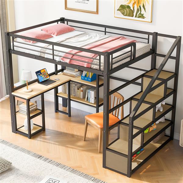 Full Size Metal Loft bed with Staircase, Built-in Desk and Shelves, Black