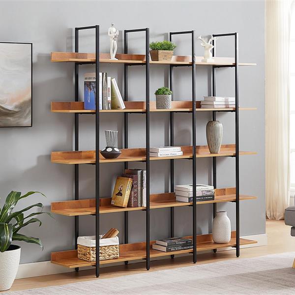 5 Tier Bookcase Home Office Open Bookshelf, Vintage Industrial Style Shelf, MDF Board, Black Metal Frame, Brown