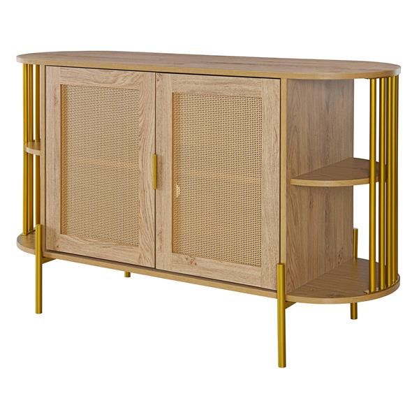 2-Door Elegant Curved Dining Cabinet with Gold Trim and Woven Rattan Doors for Dining Room (Natural)