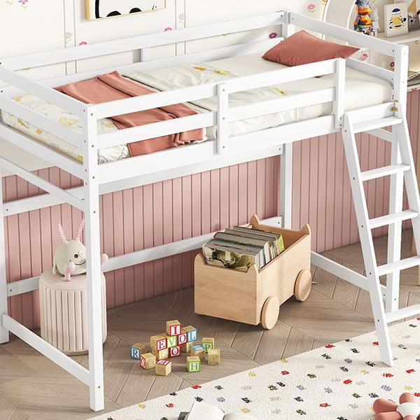 Twin Size High Loft Bed with inclined Ladder, Guardrails,White