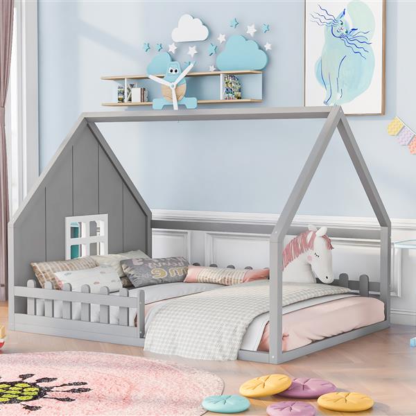 Full Size Wood House Bed with Window and Fence, Gray