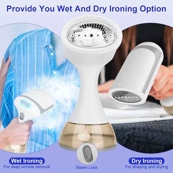 Powerful Handheld Fabric Steamer -150W Garment Steamer Portable Handheld Fabric Steamer with Lint Brush Removable 350ML Water Tank Wet Dry Ironing for Home Travel Office - White