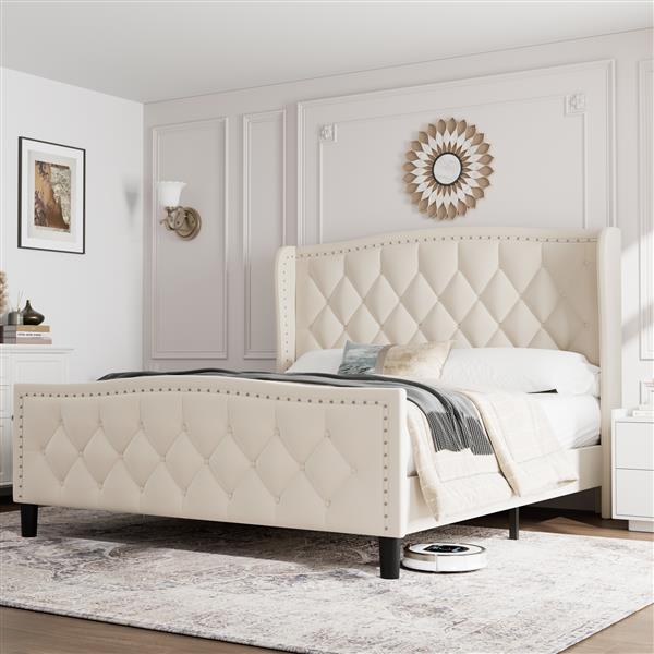 Full Size Bed Frame, Modern Upholstered Platform Bed with Wingback Headboard, Velvet Bed Frame with Wood Slat Support, Easy Assembly, No Box Spring Needed(White, Full)