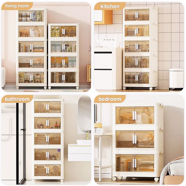 19.69" Side Wide Folding Storage Cabinet ,5 Tiers,19.69"×11.81"×50.00",Collapsible Storage Bins with Magnetic Door, Plastic Storage Cabinet with Wheels, Closet organizers and Storage Containers 