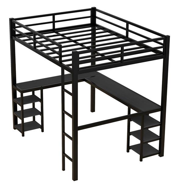 Full Metal Loft Bed with Desk and Shelves, Loft Bed with Ladder and Guardrails, Loft Bed Frame for Bedroom, Black with black desk