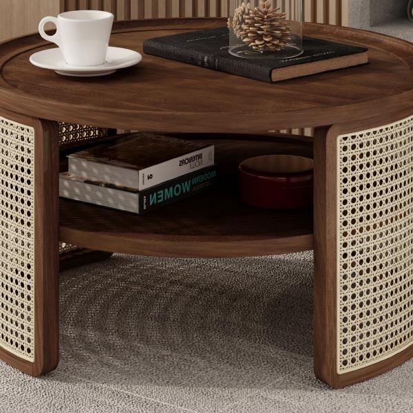 2-Tiered Round Walnut Wood Coffee Table with Storage Rattan Base in 31.3''