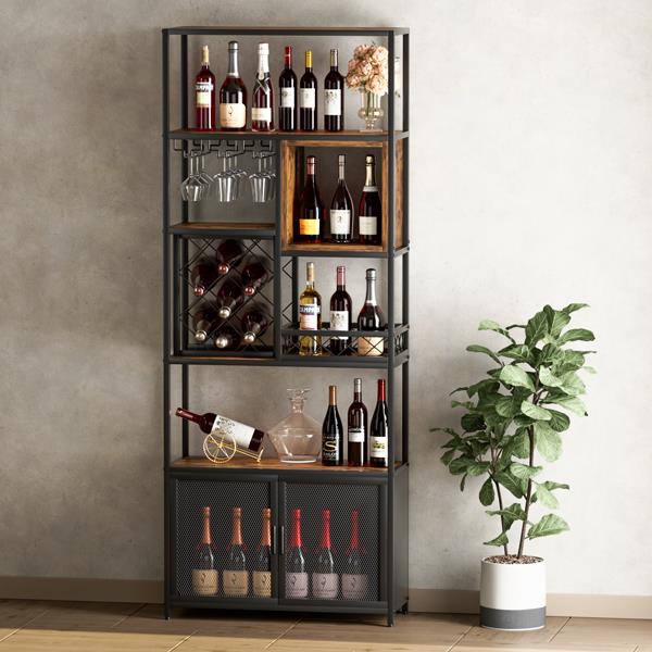 82.7" Industrial Tall Black Bar Wine Rack Cabinet with Glass Holder Wood Home Bar Cabinet