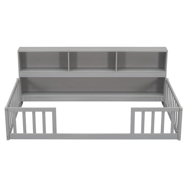 Twin Floor Bed with  Bedside Bookcase,Shelves,Guardrails,Grey