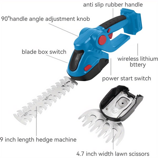 Hedge Trimmer Cordless, 2 in 1 21V Handheld Electric Weed Shears and Bush Trimmer, with 2 Rechargeable Batteries 1 Charger