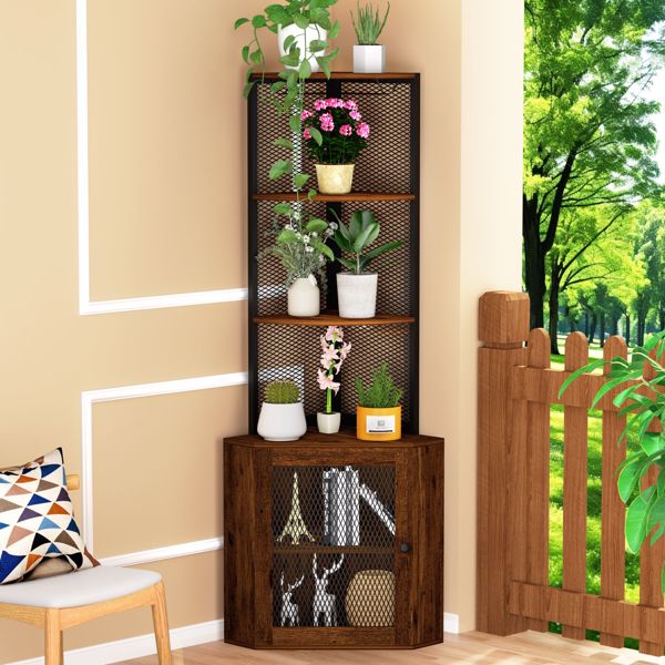 Corner Shelf with Doors, 65" Corner Cabinet  & Wine Glass Rack, 6 Tier Bookshelf Display, Freestanding Corner Storage Stand for Kitchen, Living Room, Balcony[Unable to ship on weekends, please note]