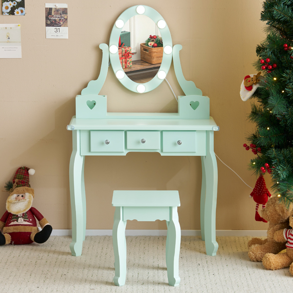 FCH Kids Vanity Set with Mirror and Lights and Stool, 5 Storage Drawers, Pretend Play Princess Makeup Desk Dressing Table and Stool Set for Little Girls Age 3+, Macaroon Green