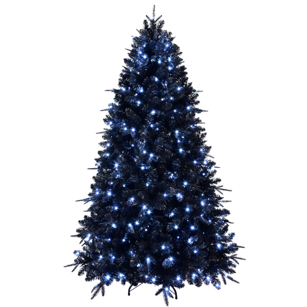 8ft Pre-Lit Black Christmas Tree, Full Halloween Xmas Artificial Tree 2486 Branch Tips, 600 Lights, Metal Hinges, Foldable Base, Holiday Decoration - Black 