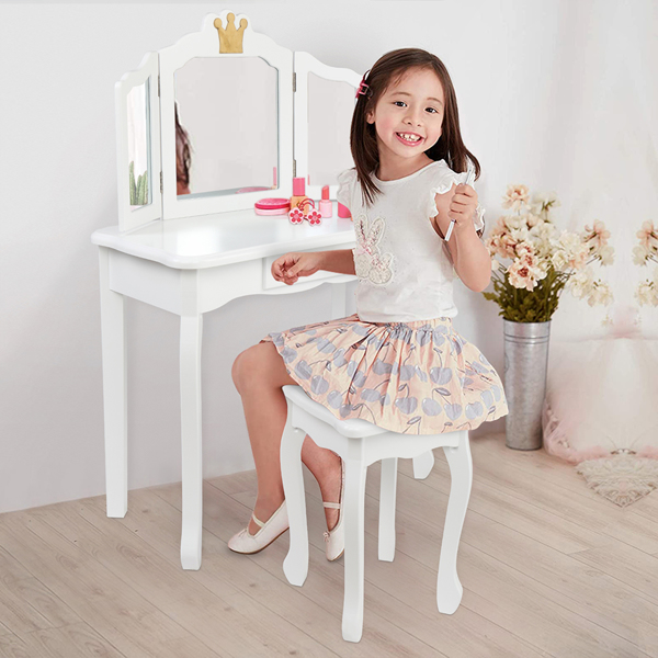 Children's Wooden Dressing Table Three-Sided Folding Mirror Dressing Table Chair Single Drawer White Crown Style