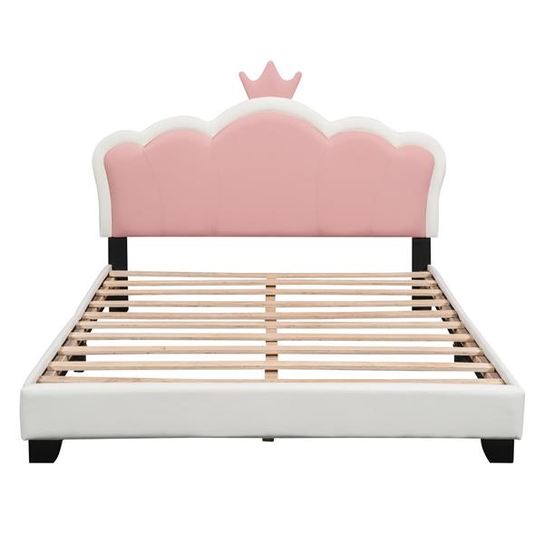 Full size Upholstered Princess Bed With Crown Headboard,Full Size Platform Bed with Headboard and Footboard, White+Pink