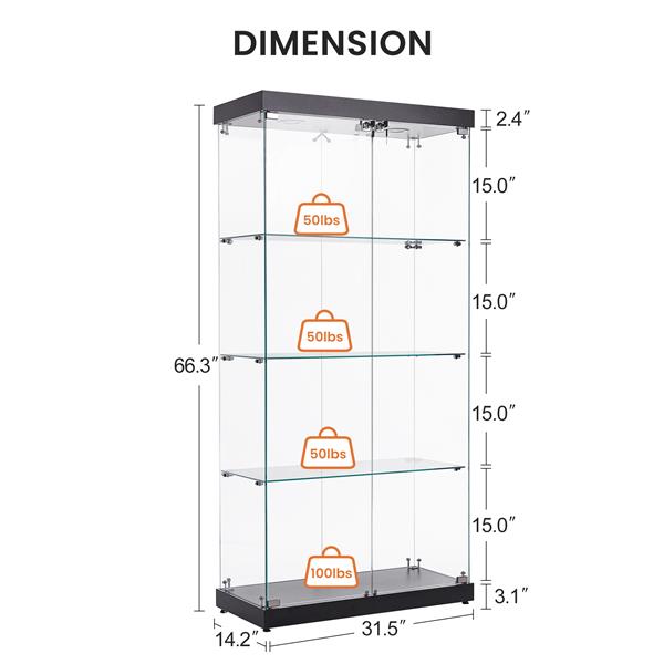 4-Tier Glass Display Cabinet, Double Door Glass Cabinet, Four Partitions, Two Locks, Floor Standing Storage Cabinet for Living Room, Bedroom, Showroom and Office, Black, 31.5"L x 14.2"W x 66.3"H