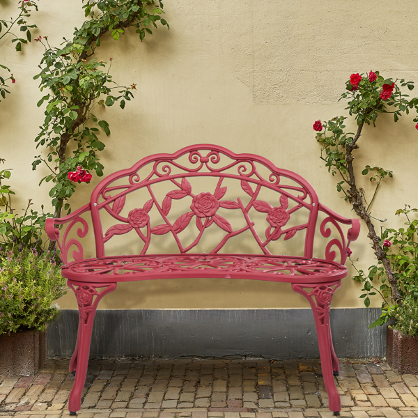 Outdoor Cast Aluminum Patio Bench, Porch Bench Chair with Curved Legs Rose Pattern, Red