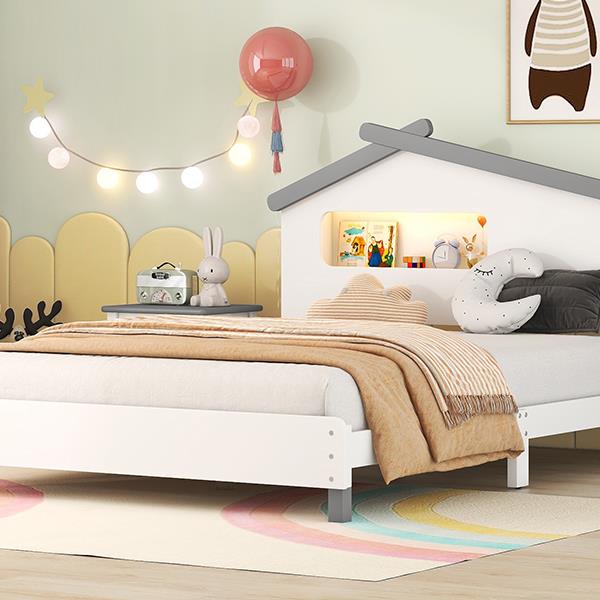 Full Size Wood Platform Bed with House-shaped Headboard and Motion Activated Night Lights (White+Gray)