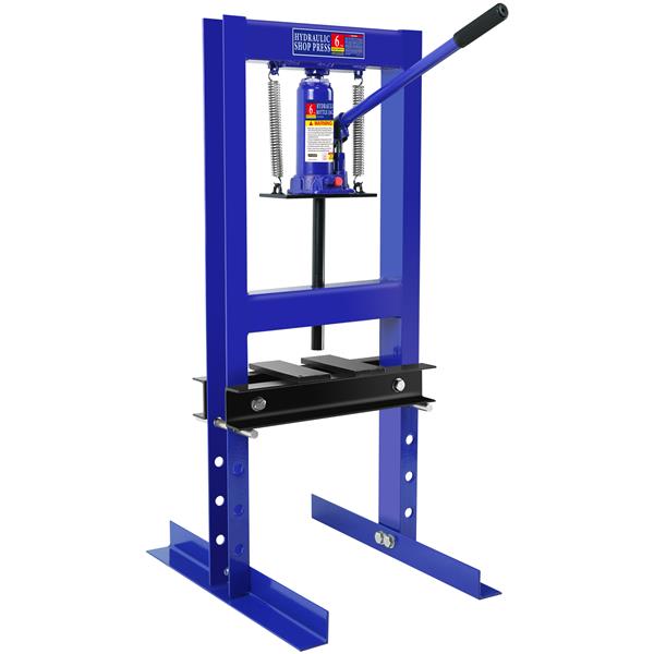 Steel H-Frame Hydraulic Shop Press with Stamping Plates to Bend, Straighten, or Press Parts, Install Bearings and U-Joints, 6 Ton Capacity, Blue