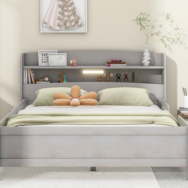 Wood Full Size Platform Bed with Built-in LED Light, Storage Headboard and Guardrail, Antique Grey