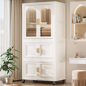 25.59\\" Side Wide Folding Wardrobe , 25.59\\"×15.75\\"×57.09\\", with Magnetic Door, Plastic Storage Cabinet with Wheels( one layer of wardrobe + two layers of folding boxes+10 hangers ) 