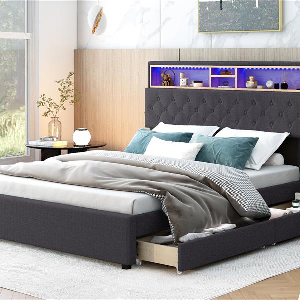 Full Size Upholstered Platform Bed with Storage Headboard, LED, USB Charging and 2 Drawers, Dark Gray