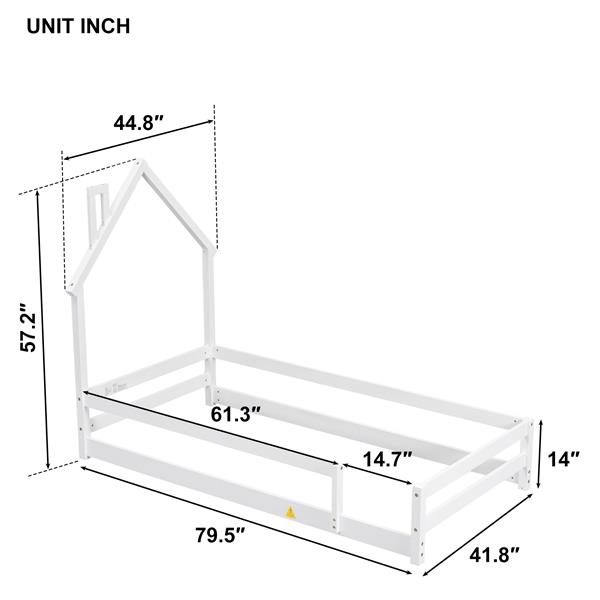 Twin Size Wood bed with House-shaped Headboard Floor bed with Fences,White