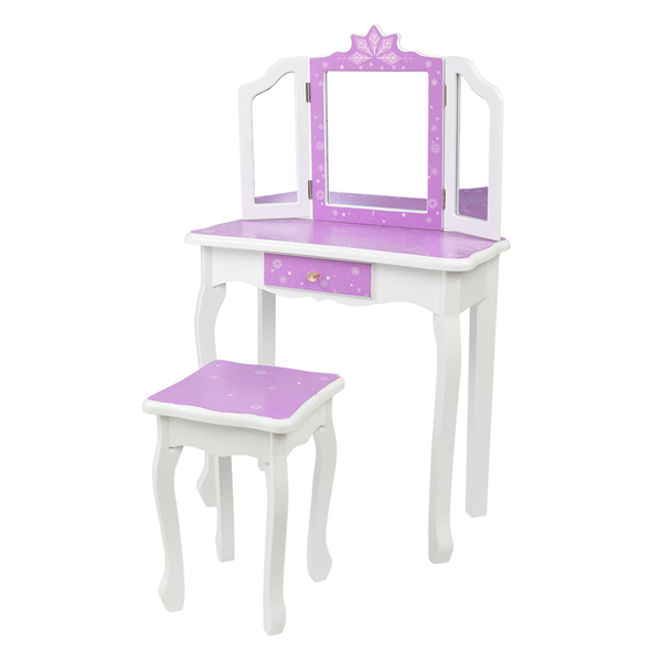 Children's Wooden Dressing Table Three-Sided Folding Mirror Dressing Table  Chair Single Drawer Purple   Snowflake Style