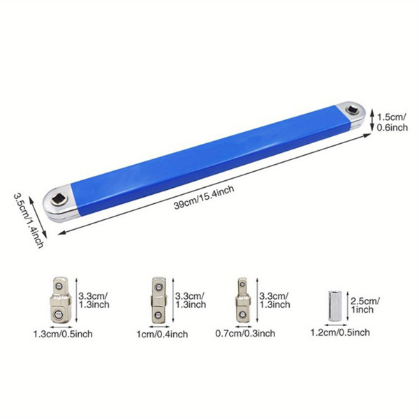 2pcs Offset Extension Wrench - 15-Inch Impact-Ready Socket Wrench Tool with Square Drive Adapters (1/4", 3/8", 1/2")