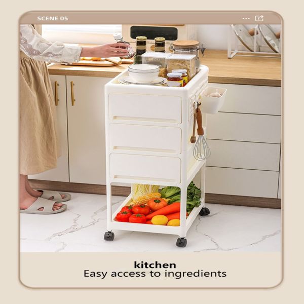 Storage Stroller - 4 layer, storage for bedroom, living room, kitchen,restroom,Flexible to move, Can put toys, snacks, tools, pet supplies,PP material is safe and durable 